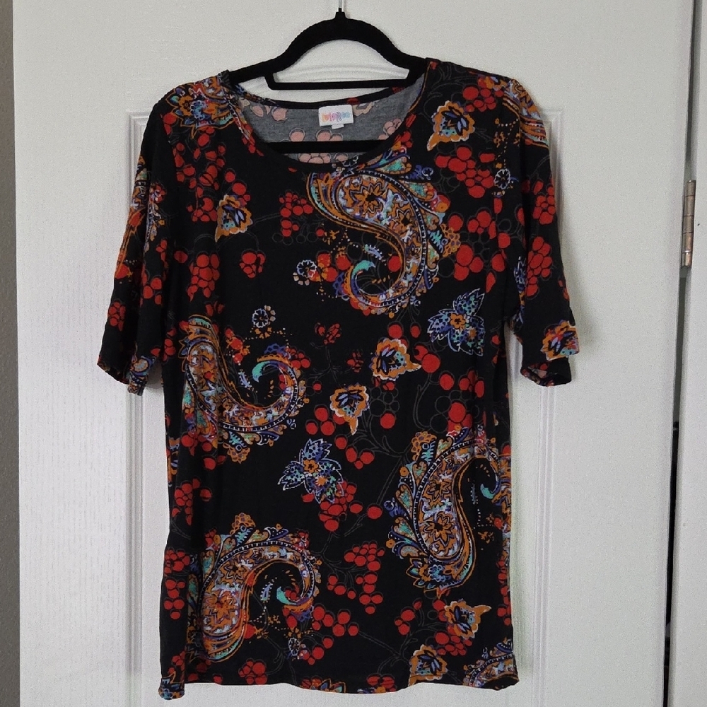 LuLaRoe Black Top with Red and Blue Paisley Print Size 2XL